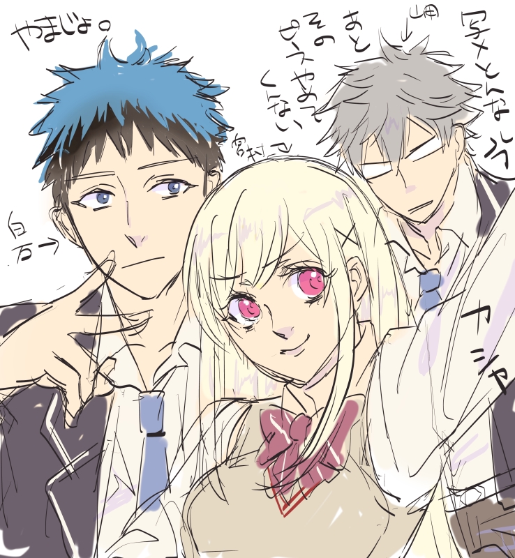 1girl, 2boys, belt, blonde_hair, blue_eyes, blue_hair, breasts, grey_hair