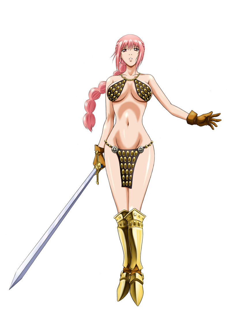 1girl, armor, bikini_armor, braid, breasts, female, gladiator, gloves