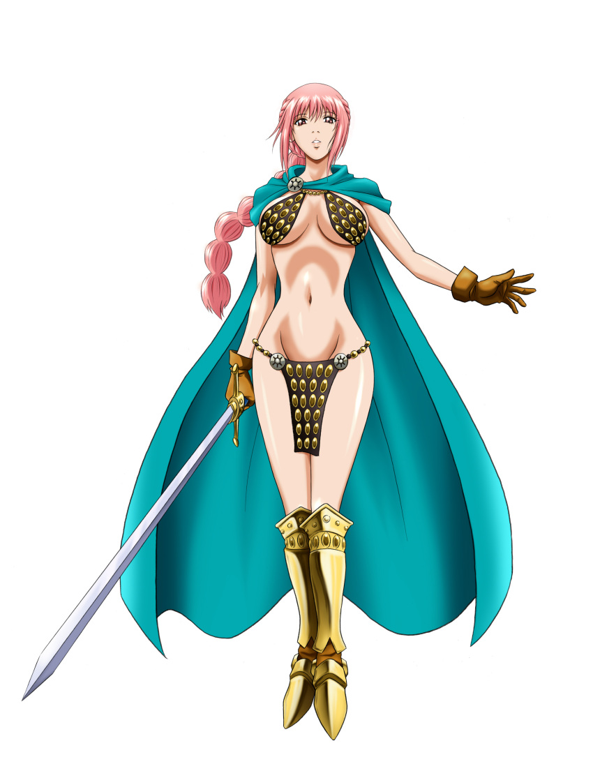 1girl, armor, bikini_armor, braid, breasts, cape, female, gladiator