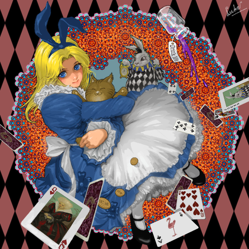 alice_in_wonderland, apron, blonde_hair, card, cards, cheshire_cat, dress, falling_card