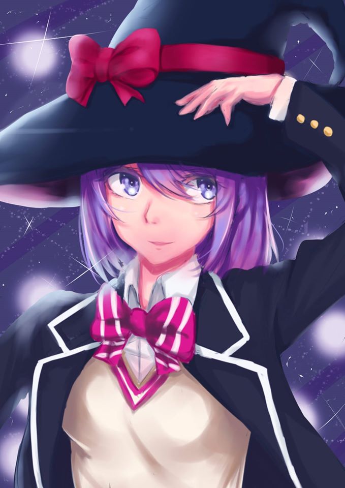 1girl, blue_eyes, breasts, gradient, gradient_background, hat, jacket, odagiri_nene