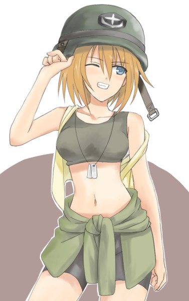 1girl, bike_shorts, blue_eyes, female, gundam, gundam_08th_ms_team, helmet, kiki_rosita