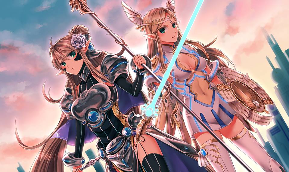 2girls, armor, artist_request, beam_sword, bikini_armor, blonde_hair, breasts, brown_hair