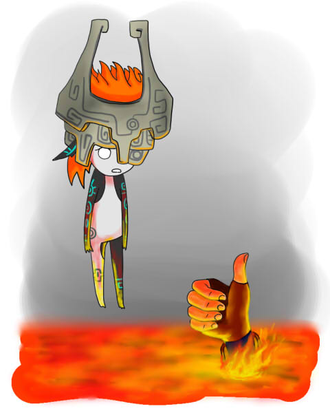 1boy, 1girl, aaku, gradient, gradient_background, imp, link, midna, parody, terminator_2:_judgement_day, the_legend_of_zelda, the_legend_of_zelda:_twilight_princess, thumbs_up
