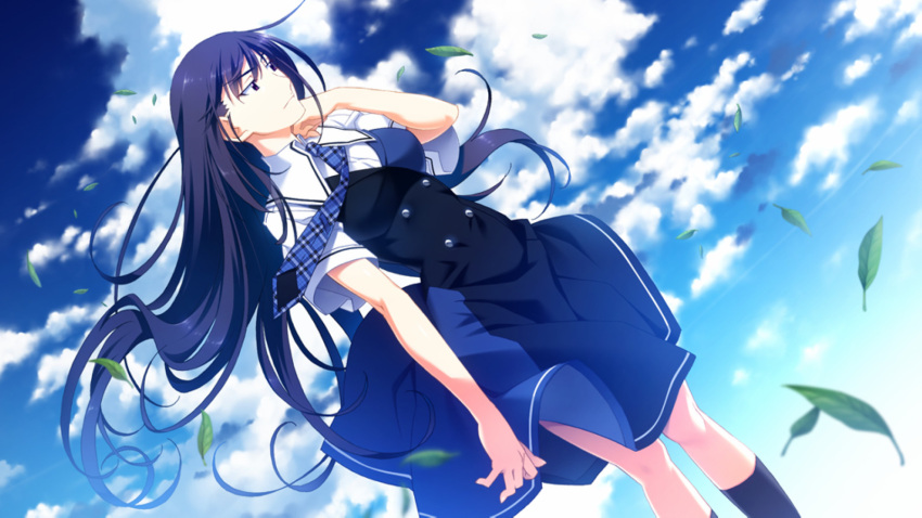 1girl, absurdres, blue_hair, blurry, clouds, dappled_sunlight, gradient, gradient_background, grisaia_(series), grisaia_no_kajitsu, grisaia_no_rakuen, highres, long_hair, looking_away, meikyuu, necktie, sakaki_yumiko, school_uniform, skirt, solo, sunlight, thighs, violet_eyes
