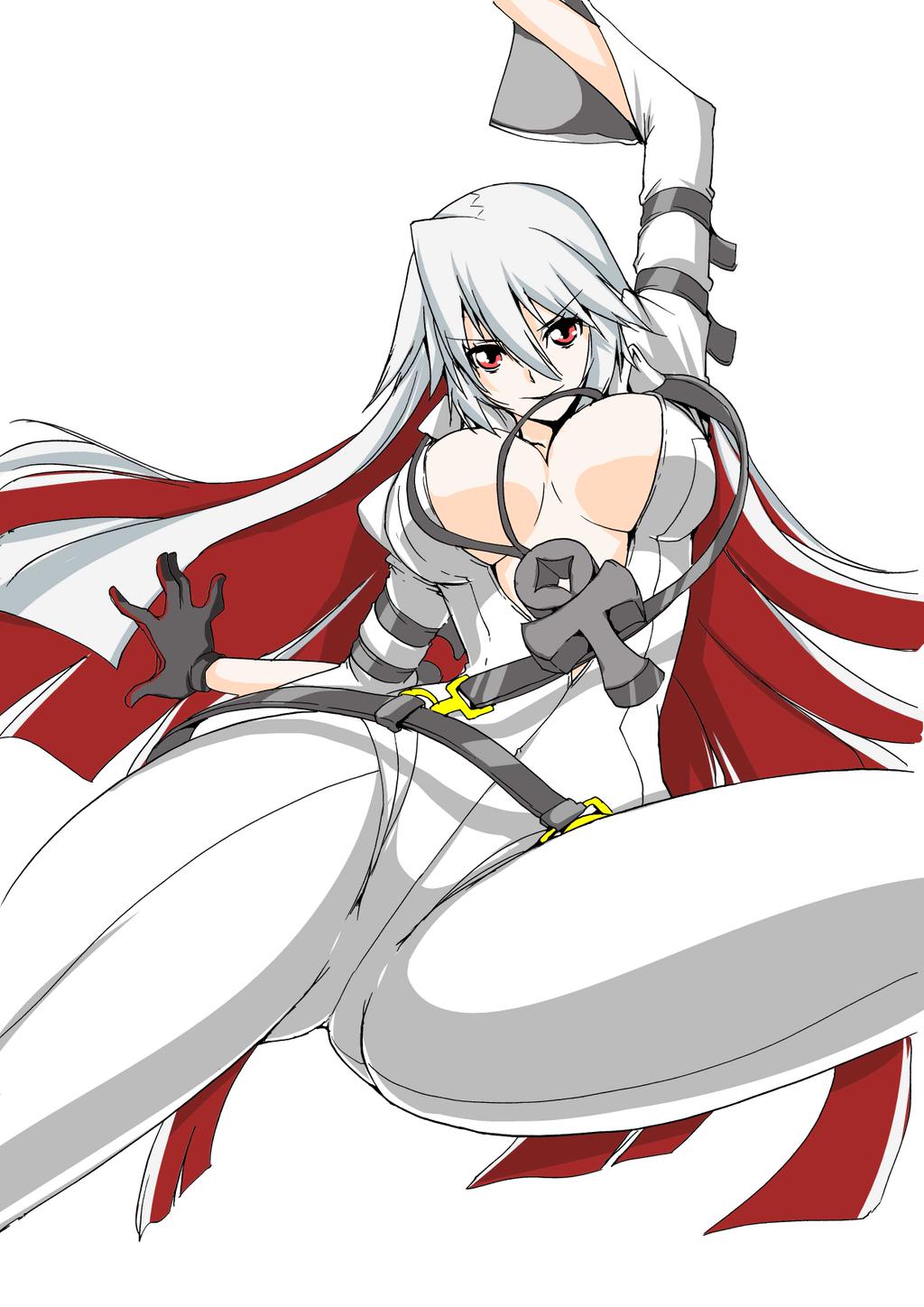 1girl, ankh, arc_system_works, belt, bodysuit, breasts, cleavage, female