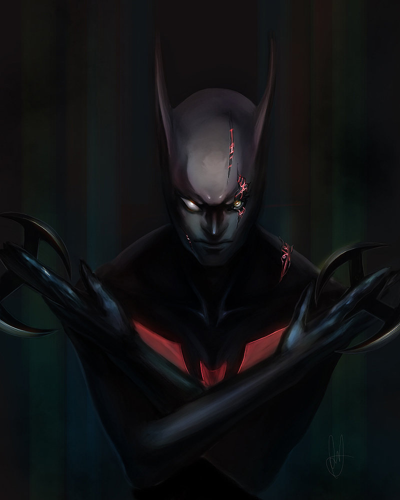 1boy, armor, bat_symbol, batman, batman_(series), batman_beyond, black_hair, broken_mask