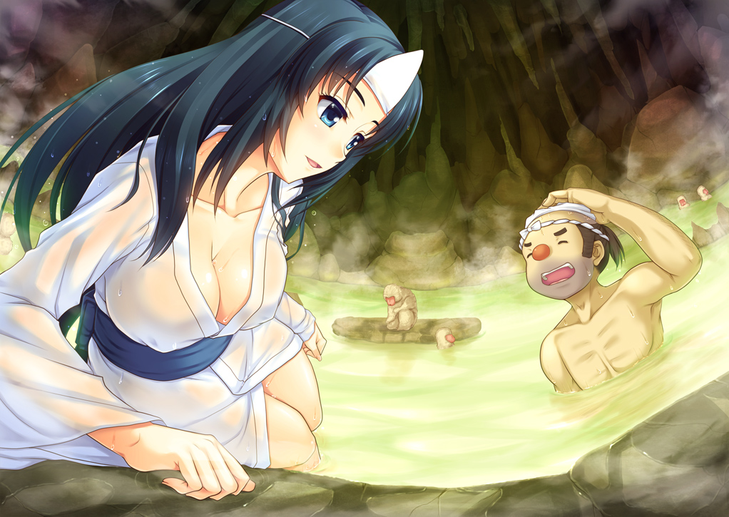 1boy, 1girl, breasts, cleavage, gonbe_(oboro_muramasa), husband_and_wife, japanese_clothes, kimono