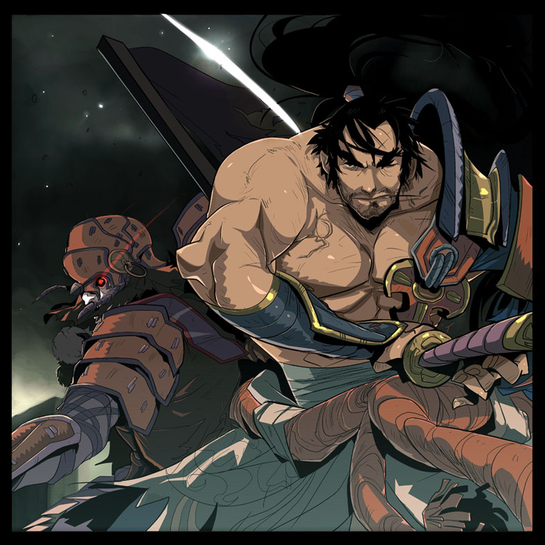 2boys, armor, bag, bird, collaboration, collateral_damage, crow, crystal_reid, duffel_bag, espen_grundetjern, gradient, gradient_background, katana, male_focus, mask, mitsurugi_heishirou, multiple_boys, night, night_sky, outdoors, pauldrons, sheath, sheathed, sky, soul_calibur, soulcalibur_iv, star_(sky), sword, vambraces, weapon, yoshimitsu