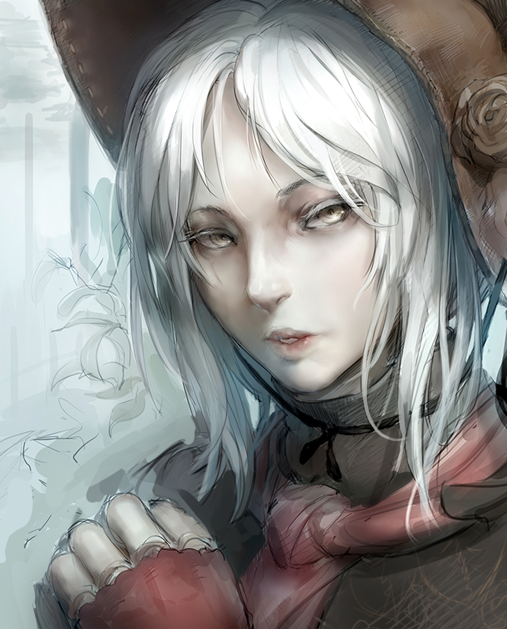 1girl, bloodborne, bonnet, doll_joints, ero_doll, face, gradient, gradient_background, looking_at_viewer, parted_lips, plain_doll, realistic, solo, white_hair