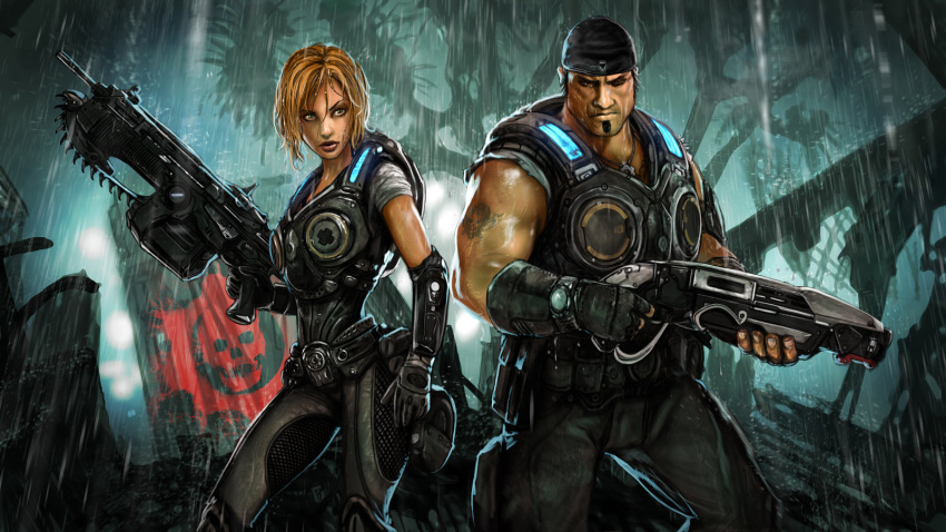 1boy, 1girl, anya_stroud, armor, bandanna, blonde_hair, gears_of_war, gun
