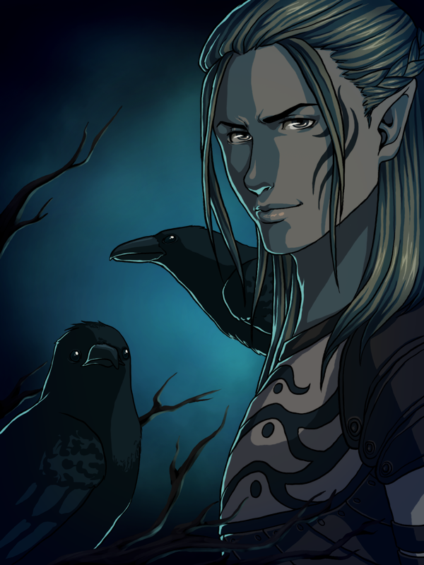 1boy, animal, armor, bird, crow, dragon_age, dragon_age:_origins, elf, gradient, gradient_background, lips, male_focus, nose, pointy_ears, solo, tattoo, zevran_arainai