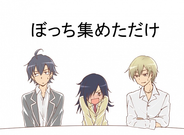 1girl, 2boys, banchii, black_hair, blonde_hair, blush, boku_wa_tomodachi_ga_sukunai, brown_eyes