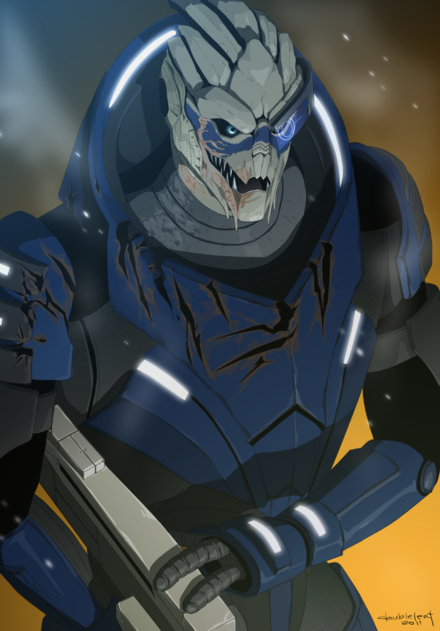 1boy, alien, armor, black_sclera, blue_eyes, damaged, facepaint, garrus_vakarian