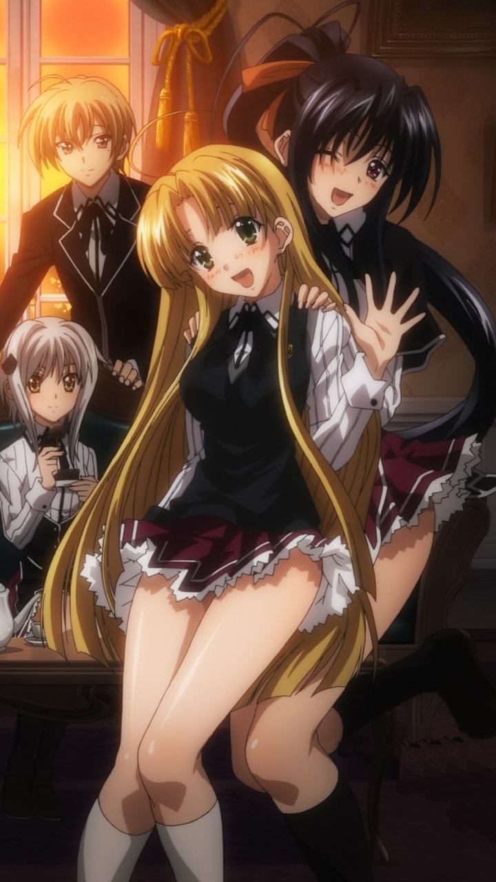 1boy, 3girls, asia_argento, black_hair, blonde_hair, brown_eyes, green_eyes, high_school_dxd, himejima_akeno, kiba_yuuto, long_hair, multiple_girls, open_mouth, school_uniform, skirt, smile, socks, toujou_koneko, uniform, white_hair
