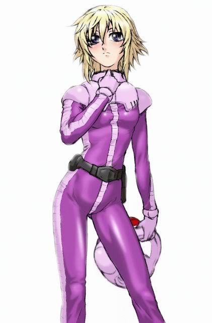 1girl, blonde_hair, female, gundam, gundam_side_story:_from_place_beyond_the_blaze, lilia_flaubert, pilot_suit, simple_background