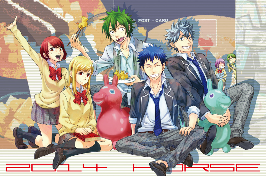 3girls, 4boys, artist_request, belt, blonde_hair, blue_eyes, blue_hair, blush, book, braid, breasts, brown_eyes, closed_eyes, earrings, female, green_eyes, green_hair, grin, hair_ornament, itou_miyabi, jacket, jewelry, long_hair, male, miyamura_toranosuke, multiple_boys, multiple_girls, necktie, odagiri_nene, open_mouth, pants, purple_hair, red_eyes, redhead, ribbon, scarf, school_uniform, shiraishi_urara, shoes, short_hair, skirt, smile, socks, striped_background, tamaki_shinichi, tsubaki_kentarou, yamada-kun_to_7-nin_no_majo, yamada_ryuu