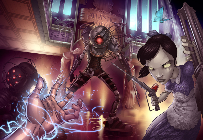 2girls, big_daddy, big_sister, bioshock, black_hair, bow, butterfly, crack