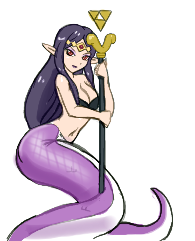1girl, breasts, cleavage, lamia, looking_at_viewer, monster_girl, pointy_ears, princess_hilda