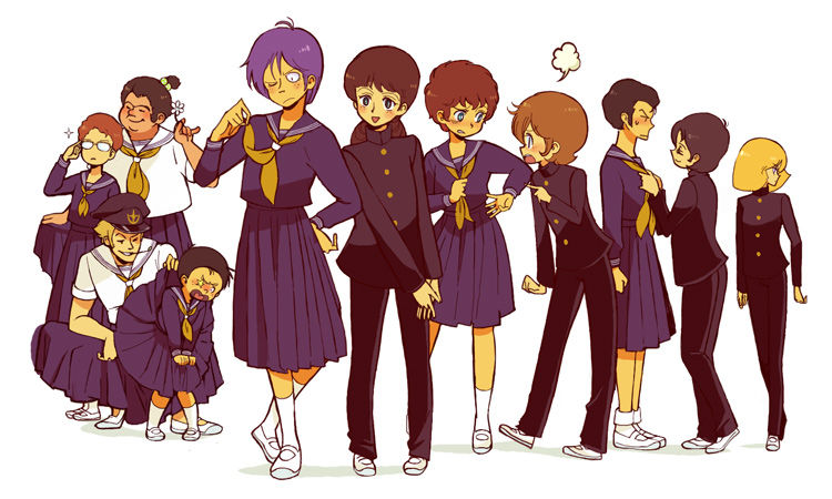4girls, 6+boys, amuro_ray, black_hair, blonde_hair, bright_noa, brown_hair, crossdressinging