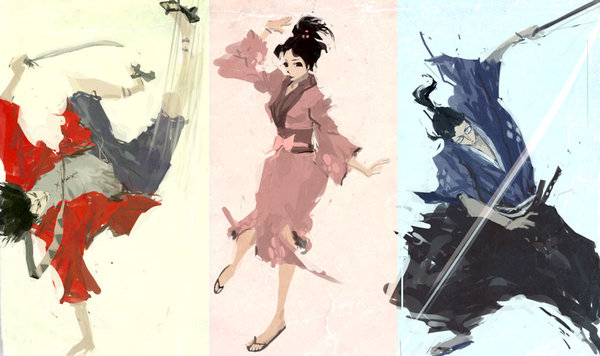 1girl, 2boys, black_hair, brown_eyes, brown_hair, champloo, earrings, facial_hair