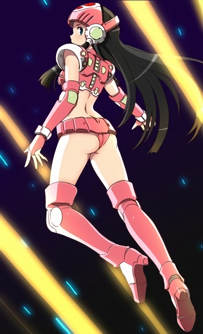1girl, android, armor, ass, black_hair, blue_eyes, boots, detached_sleeves