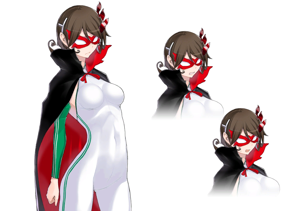 1girl, arm_warmers, breasts, brown_hair, caladrius, cape, domino_mask, layis_naje, mask, official_art, short_hair, simple_background, skin_tight, yasuda_suzuhito