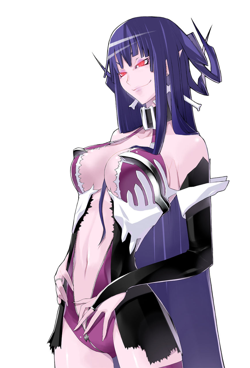 1girl, arm_warmers, bare_shoulders, beelzebub_(caladrius), bone_earrings, breasts, caladrius, choker