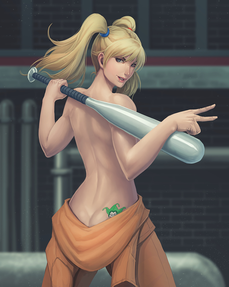 1girl, ass, back, baseball_bat, batman_(series), blonde_hair, blue_eyes, butt_crack