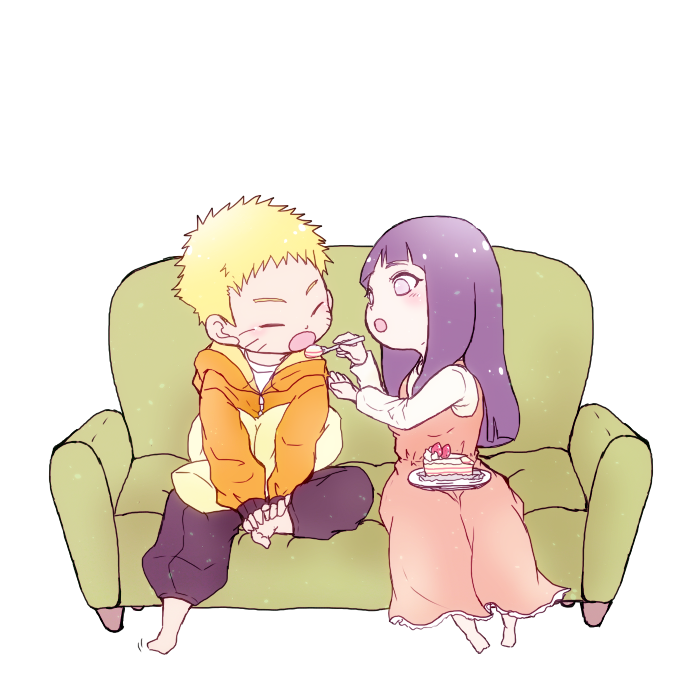 1boy, 1girl, blonde_hair, cake, chibi, closed_eyes, couch, couple, feeding, food, green_upholstery, hyuuga_hinata, lavender_eyes, naruto, naruto:_the_last, oretto_(ring), plate, purple_hair, simple_background, spoon, uzumaki_naruto