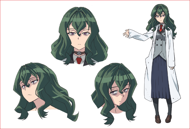 1girl, bags_under_eyes, black_legwear, character_sheet, choker, concept_art, expressionless, expressions, female, full_body, fuwa_hyouka, green_hair, hair_between_eyes, labcoat, long_hair, long_skirt, looking_at_viewer, official_art, pleated_skirt, school_uniform, shimoneta_to_iu_gainen_ga_sonzai_shinai_taikutsu_na_sekai, simple_background, skirt, solo, uniform, violet_eyes, wavy_hair, white_background