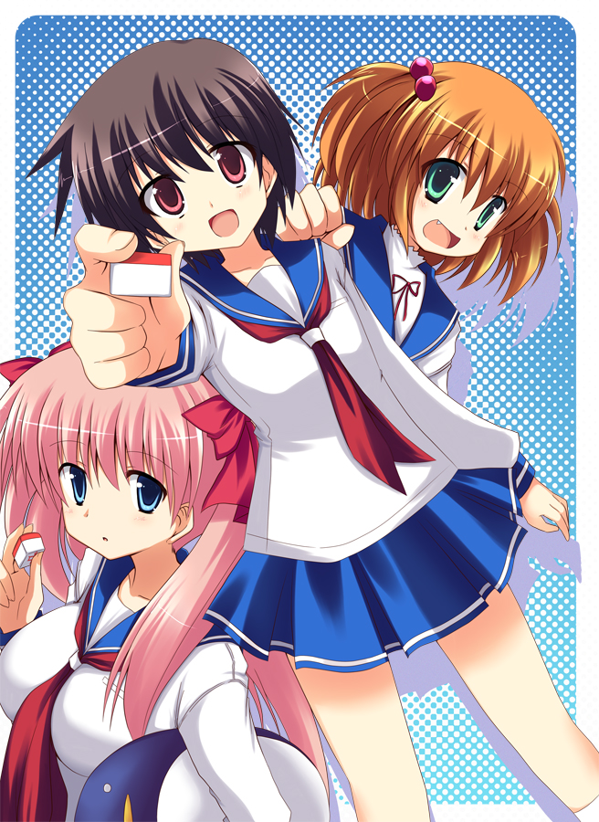 amae_koromo, blue_eyes, brown_hair, etopen, green_eyes, haramura_nodoka, kataoka_yooki, kataoka_yuuki, mahjong, miyanaga_saki, orange_hair, pink_eyes, pink_hair, saki, saki-saki, school_uniform, seifuku