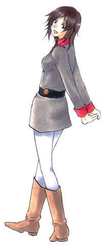 1girl, blue_eyes, boots, female, gundam, gundam_side_story:_from_place_beyond_the_blaze, military, military_uniform