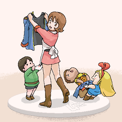 2boys, 2girls, blonde_hair, boots, brown_eyes, brown_hair, child, frau_bow
