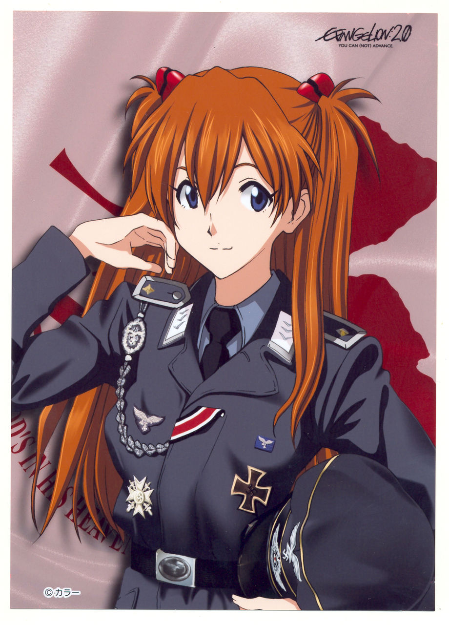 1girl, blue_eyes, evangelion:_2.0_you_can_(not)_advance, gradient, gradient_background, hat, highres, long_hair, military, military_uniform, nazi, nazism, neon_genesis_evangelion, one_arm_up, orange_hair, rebuild_of_evangelion, smile, solo, souryuu_asuka_langley, swastika, uniform