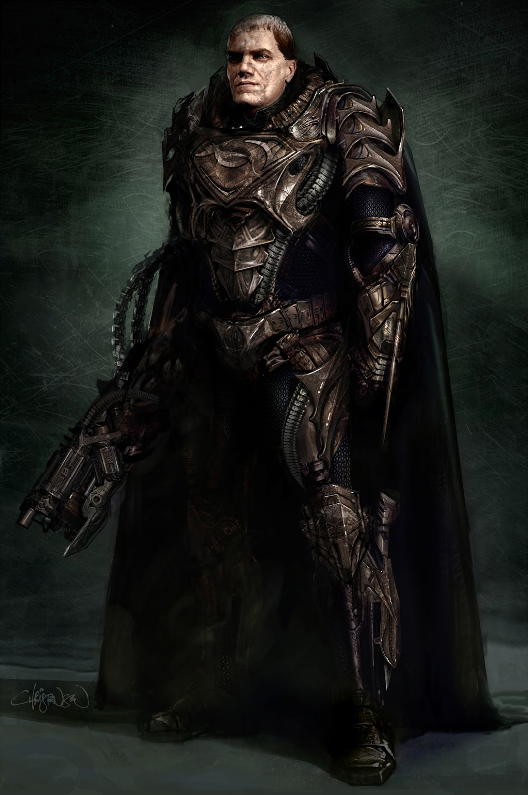1boy, alien, armor, brown_eyes, cape, crest, dc_comics, dccu, dru-zod, family_crest, full_armor, full_body, gauntlets, gradient, gradient_background, gun, knife, kryptonian, looking_at_viewer, male_focus, man_of_steel, realistic, short_hair, solo, standing, superman_(series), weapon