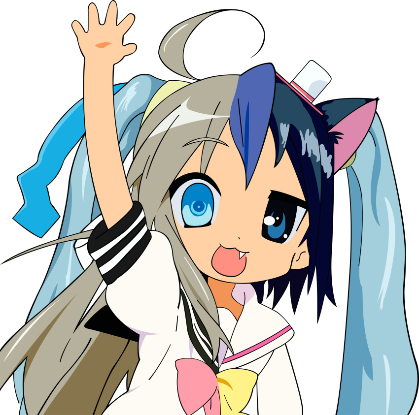 1girl, ahoge, animal_ears, black_hair, blue_hair, blush, clannad, crossover, fang, fusion, hatsune_miku, ikamusume, ikeda_kana, izumi_konata, jpeg_artifacts, kud_wafter, little_busters!!, lucky_star, moetron, multicolored_hair, noumi_kudryavka, sakagami_tomoyo, saki, school_uniform, short_twintails, silver_hair, simple_background, twintails, vector_trace, vocaloid, what