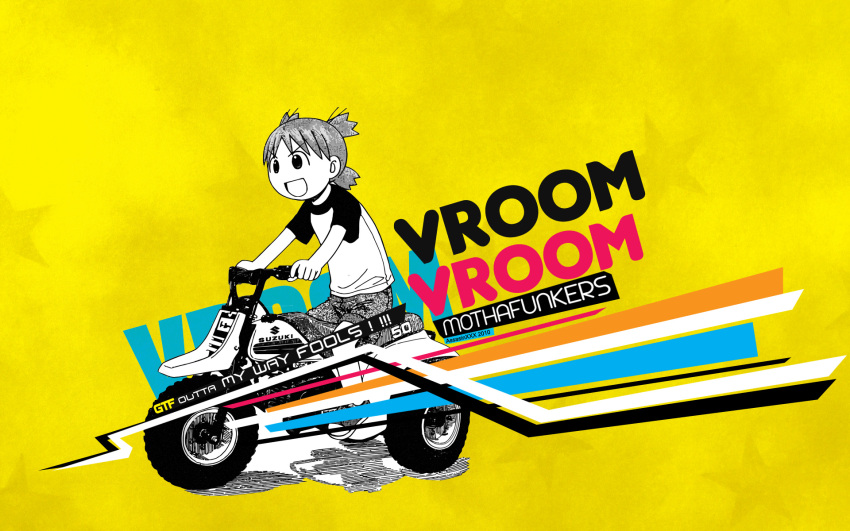 1girl, english, female, gradient, gradient_background, ground_vehicle, koiwai_yotsuba, motor_vehicle