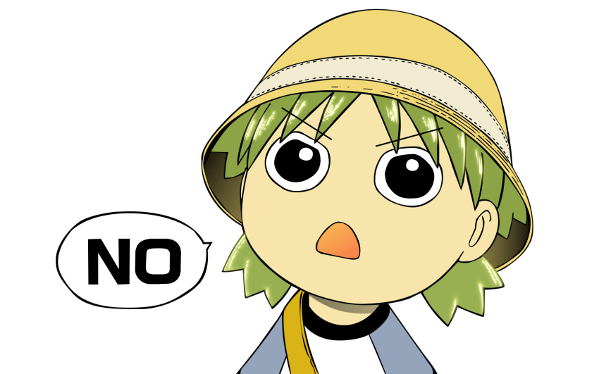16:10, 1girl, angry, child, green_hair, hat, highres, koiwai_yotsuba, no, short_hair, simple_background, solo, vector_trace, wallpaper, yotsubato!