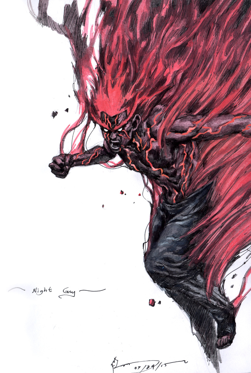 1boy, alternate_form, aura, black_skin, burning, epic, fire, flaming_hair