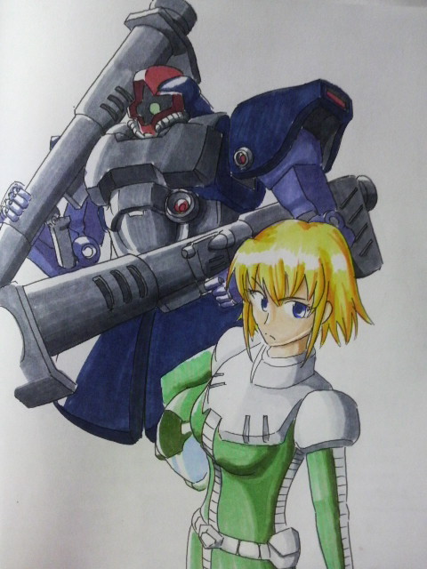 1girl, artist_request, blonde_hair, blue_eyes, dual_wielding, gradient, gradient_background, gundam