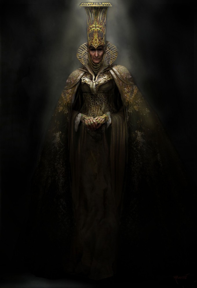 1girl, alien, cloak, crown, dc_comics, dccu, dress, full_body, fur_trim, gradient, gradient_background, jewelry, kryptonian, man_of_steel, necklace, realistic, ro-zar, robe, solo, standing, superman_(series)
