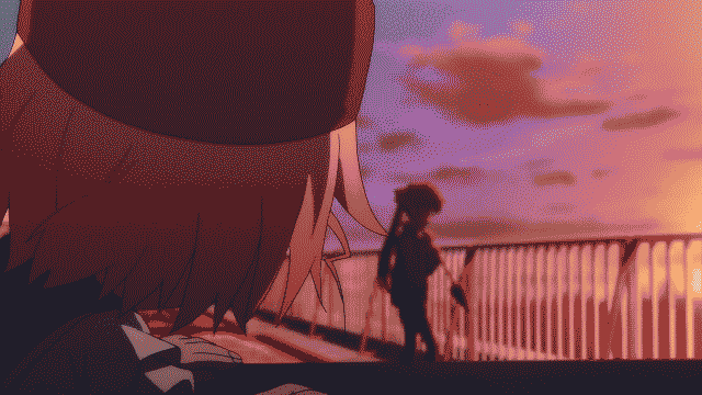 1boy, 2girls, animated, animated_gif, armor, belius, blood, blood_on_face, blue_sky, cape, constricted_pupils, death, ebisuzawa_kurumi, from_behind, gakkou_gurashi!, ground, hat, helmet, impaled, leg_armor, long_hair, looking_at_another, lying, multiple_girls, on_back, open_mouth, outdoors, overlord_(maruyama), railing, scared, short_hair, shoulder_pads, shovel, sky, soldier, sunset, sword, takeya_yuki, twintails, violence, worktool