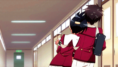 1boy, 1girl, andou_jurai, animated, animated_gif, black_hair, blazer, blue_eyes