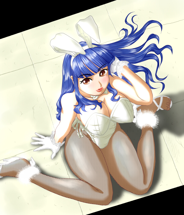 blue_hair, breasts, brown_eyes, bunny_ears, bunnysuit, cleavage, fishnet_pantyhose, fishnets