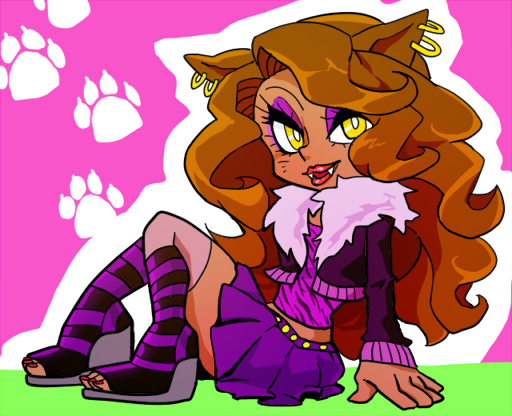 1girl, brown_hair, clawdeen_wolf, fangs, looking_at_viewer, monster_high, simple_background, solo