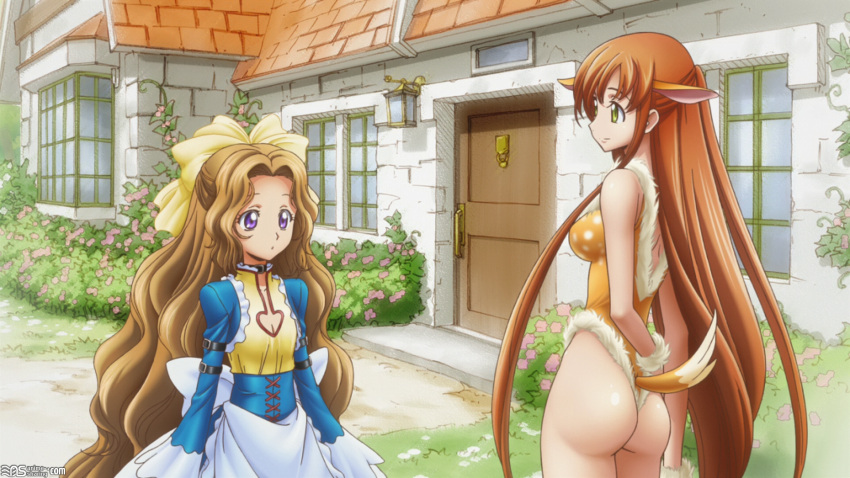 2girls, ass, blush, breasts, brown_hair, cleavage, code_geass, code_geass:_nunnally_in_wonderland, cosplay, costume, fake_tail, fawn, female, grass, green_eyes, highres, house, long_hair, multiple_girls, nunnally_lamperouge, screencap, shirley_fenette, smile, stitched, tail, thighs, very_long_hair