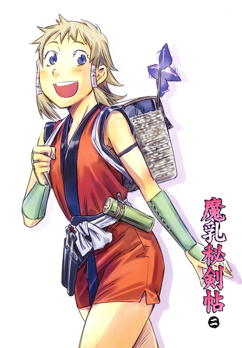 1girl, blonde_hair, blue_eyes, blush, kaede_(manyuu_hikenchou), konchiki, manyuu_hikenchou, official_art, open_mouth, simple_background, solo, translation_request