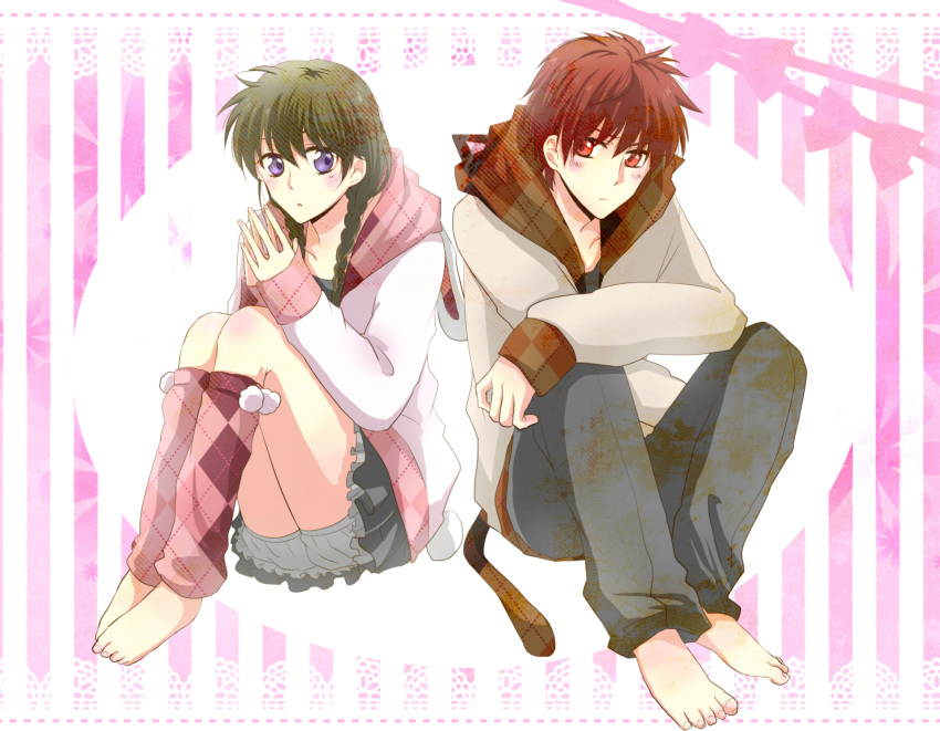 1boy, 1girl, barefoot, belt, blue_eyes, blush, braid, brown_hair