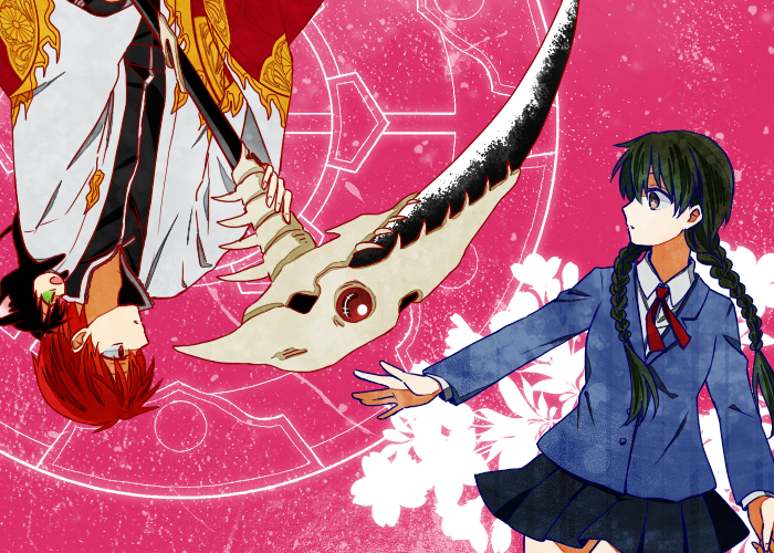 1girl, 2boys, black_hair, braid, breasts, brown_eyes, haori, jacket